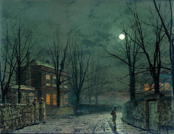 John Atkinson Grimshaw  (1836-1893)~The Old Hall Under Moonlight 