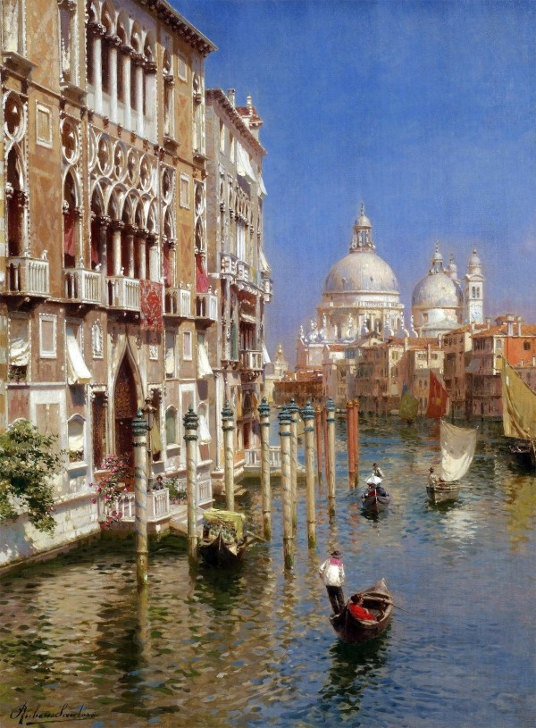 Rubens Santoro, pictor italian ( 1859 - 1942) - Gondolas the Grand Canal of Venice