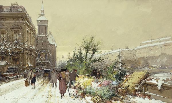 Eugène Galien-Laloue, pictor francez (1854–1941)~ Paris, marché aux fleurs