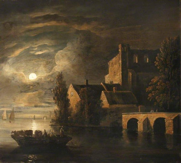 Sebastian Pether, pictor englez (1790-1844) ~ Boats on a river by moonlight