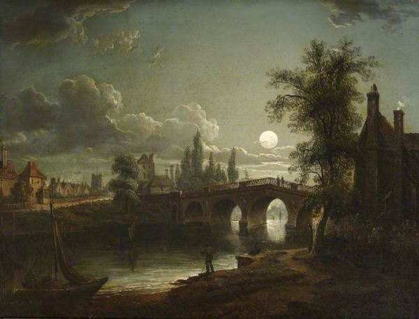 Sebastian Pether, pictor englez (1790-1844) ~ Chertsey Bridge by Moonlight
