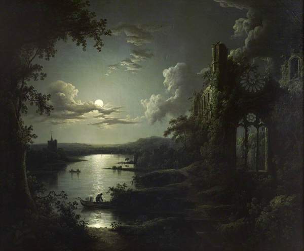 Sebastian Pether, pictor englez (1790-1844) ~ Moonlit lake with a gothic church ruin