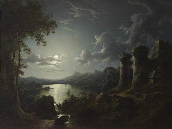 Sebastian Pether, pictor englez (1790-1844) ~ Moonlit river landscape with a monumental gateway