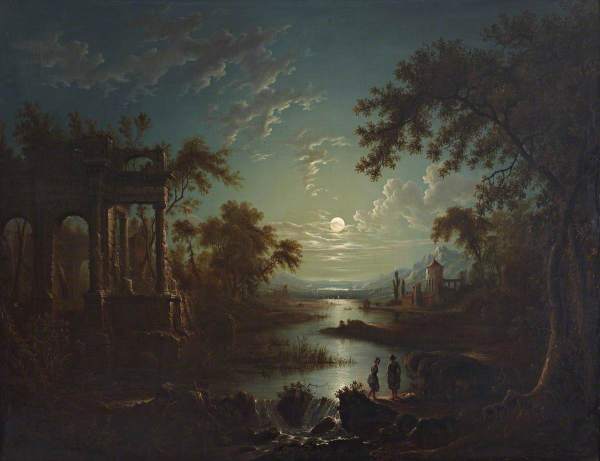 Sebastian Pether, pictor englez (1790-1844) ~ Moonlit river scene with a capriccio of ruins