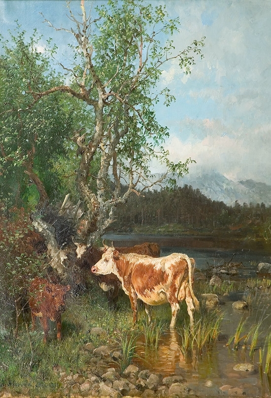 Anders Monsen Askevold, pictor norvegian (1834 - 1900) ~ Cows by the Watering Place