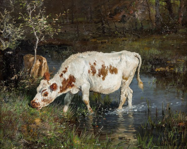 Anders Monsen Askevold, pictor norvegian (1834 - 1900) ~ Grazing Cow at the Riverside