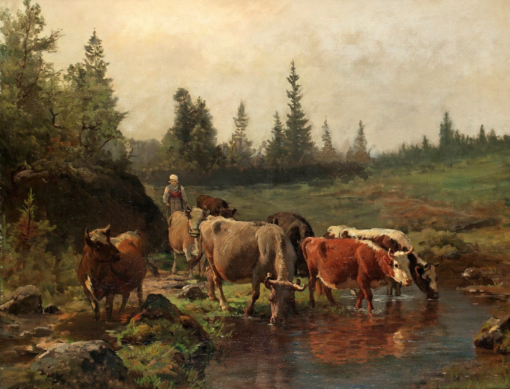 Anders Monsen Askevold, pictor norvegian (1834 - 1900) ~ Landscape with Cattle Watering