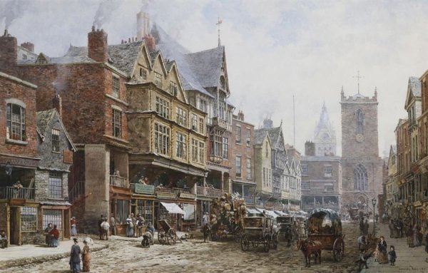 Louise Rayner, pictor englez, acuarelă şi guașă (1832–1924) ~ Bridge Street, Chester