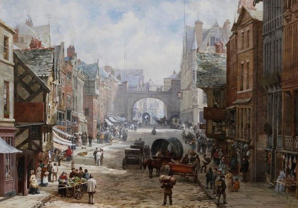 Louise Rayner, pictor englez, acuarelă şi guașă (1832–1924) ~ Eastgate Street, Chester