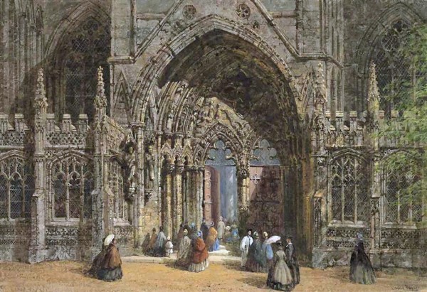 Louise Rayner, pictor englez, acuarelă şi guașă (1832–1924) ~ figures outside the angel choir lincoln cathedral