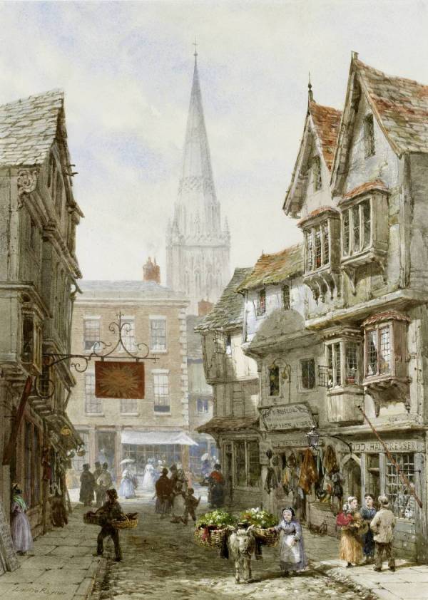 Louise Rayner, pictor englez, acuarelă şi guașă (1832–1924) ~Minster Street Salisbury