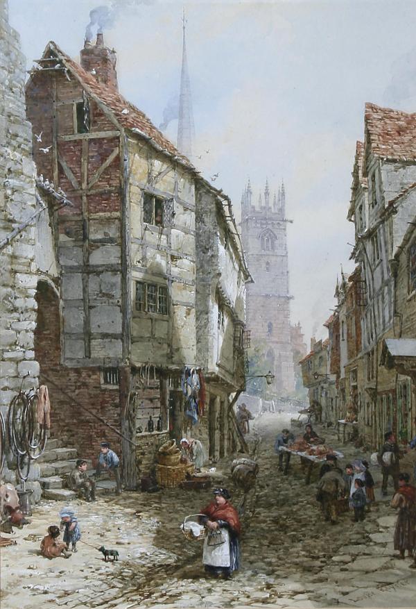Louise Rayner, pictor englez, acuarelă şi guașă (1832–1924) ~ Shrewsbury Fish Street