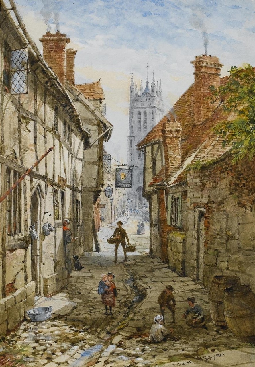 Louise Rayner, pictor englez, acuarelă şi guașă (1832–1924) ~ St Mary's Church from Church Street, Warwick