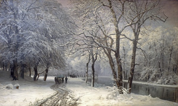 Anders Andersen Lundby, pictor danez (1841-1923) – A Winter Landscape With Horses and Carts By a River