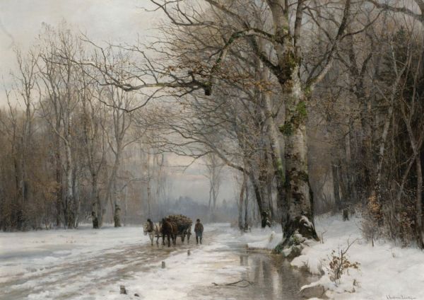 Anders Andersen Lundby, pictor danez (1841-1923) – Winter Landscape with a Horse-Drawn